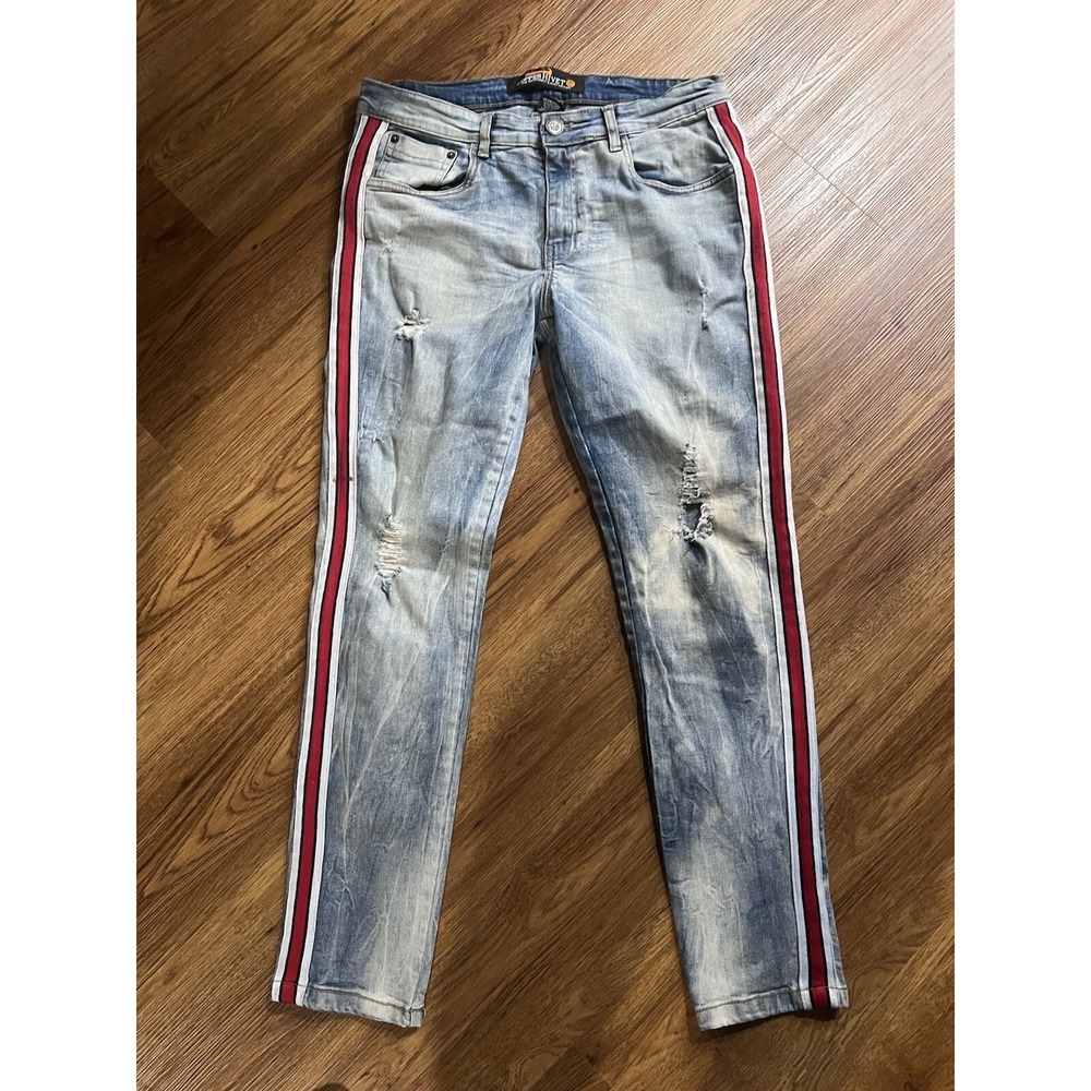 Copper Rivet Men's Jeans Sz 34X32 Distressed Side Strips Light Wash...
